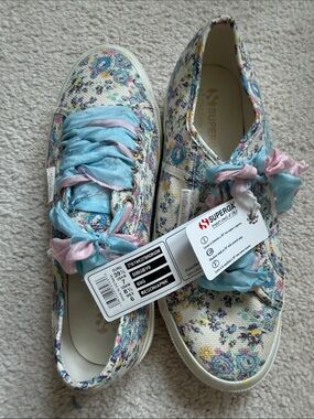 Superga/ love shack fancy Canvas Sneakers in Cream with Pastel Blue & Pink Ribbo